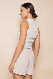 Off White Ruched Mesh Tank Top