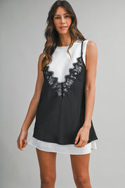 Solid Sleeveless Dress With Contrast Lace Overlay