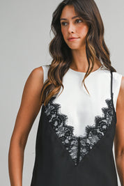 Solid Sleeveless Dress With Contrast Lace Overlay