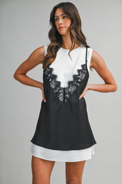 Solid Sleeveless Dress With Contrast Lace Overlay