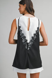 Solid Sleeveless Dress With Contrast Lace Overlay