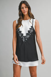 Solid Sleeveless Dress With Contrast Lace Overlay