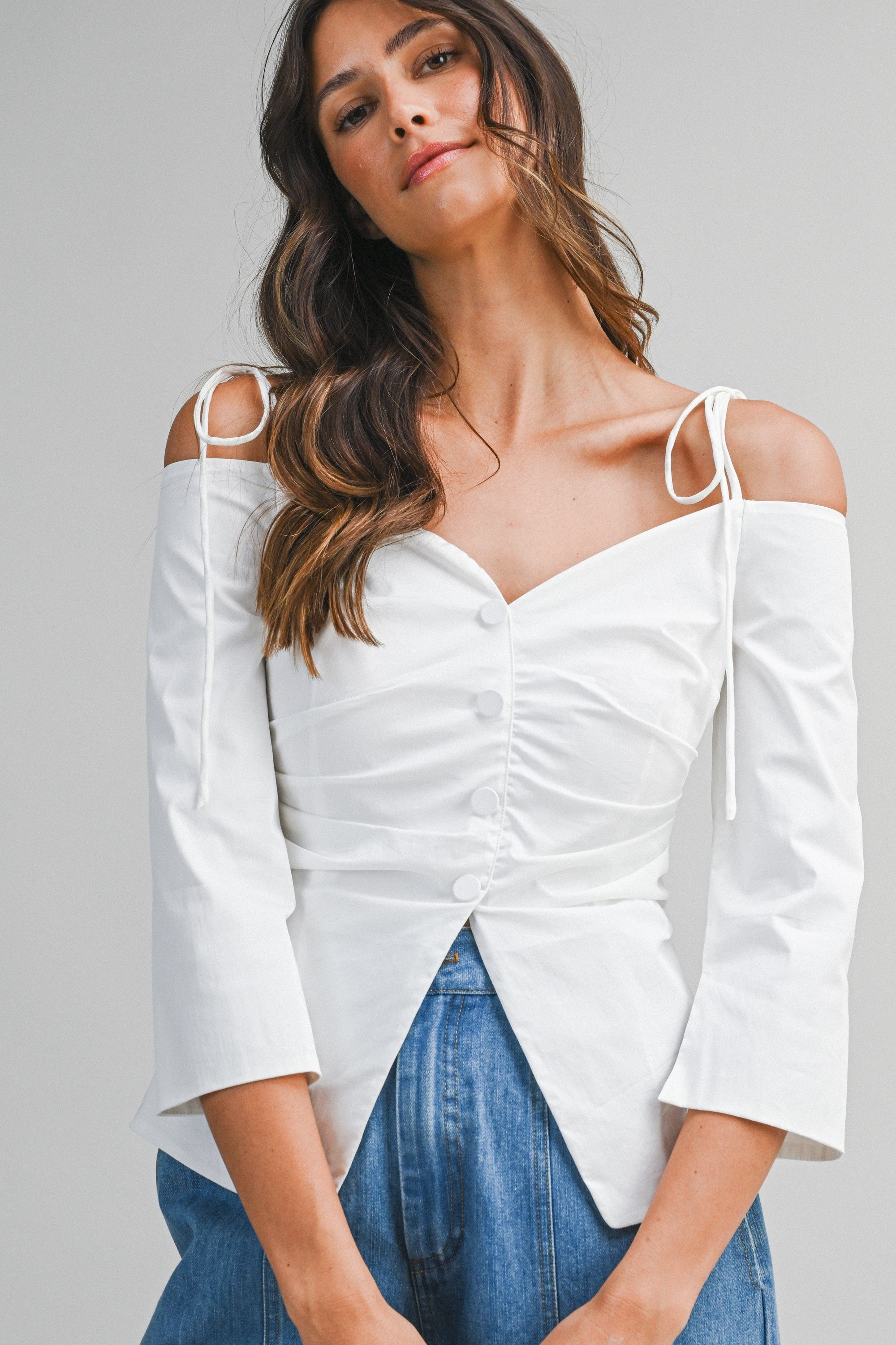 Off Shoulder Tie Strap Fitted Blouse