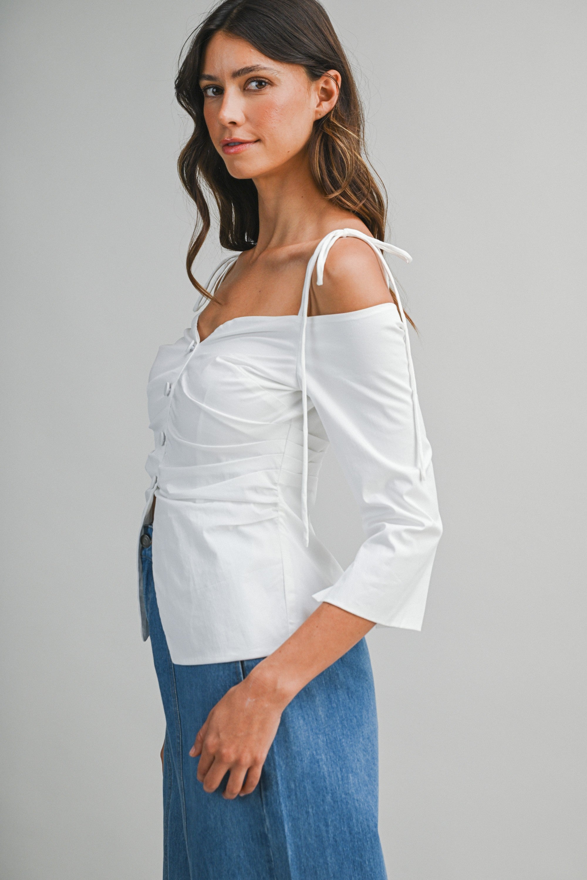 Off Shoulder Tie Strap Fitted Blouse