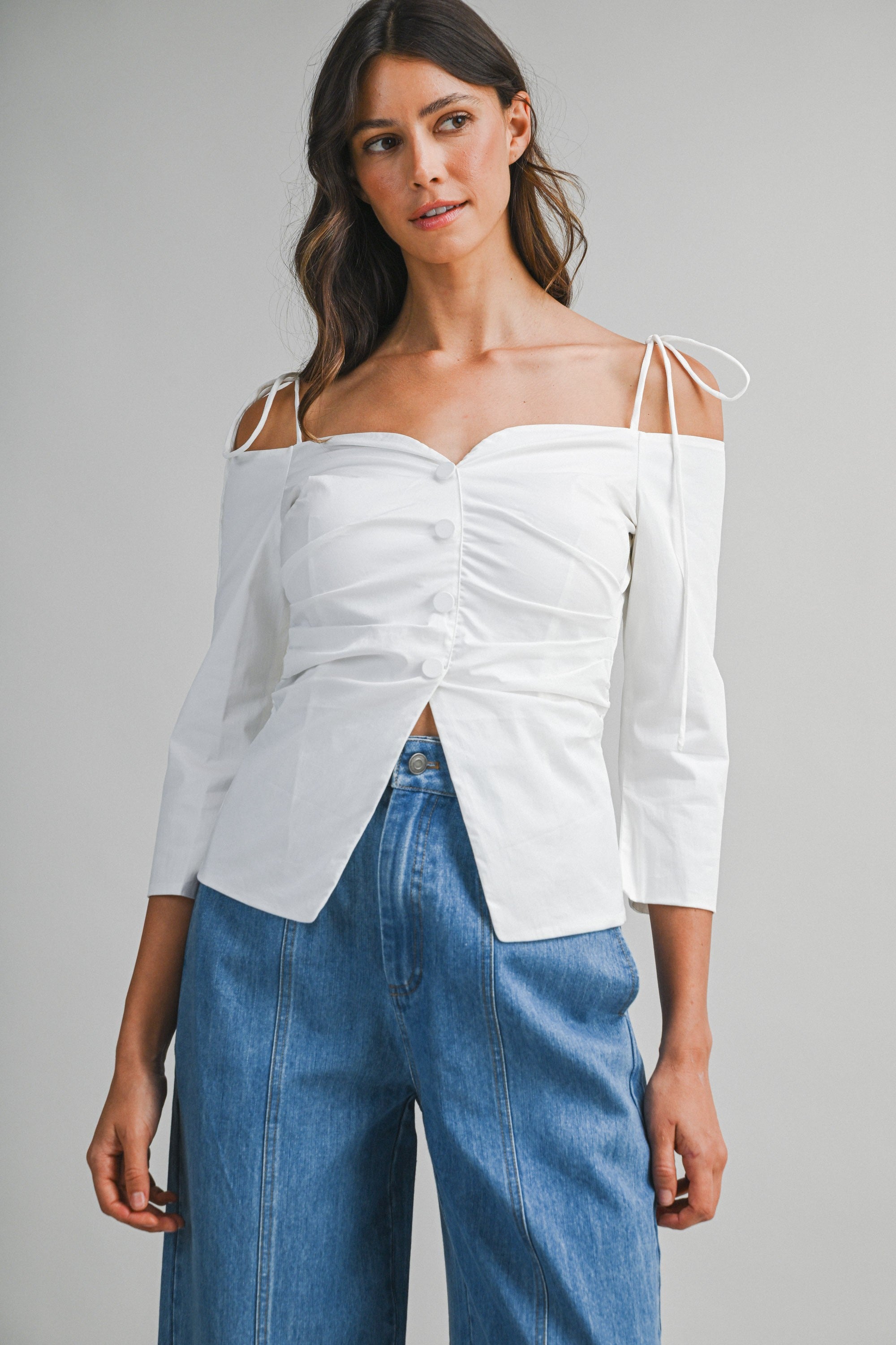 Off Shoulder Tie Strap Fitted Blouse
