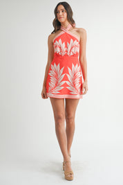 Red Placement Print Halter Neckline Mini Dress