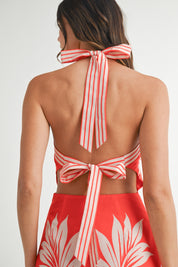 Red Placement Print Halter Neckline Mini Dress