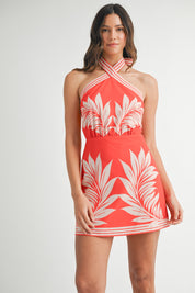 Red Placement Print Halter Neckline Mini Dress
