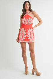 Red Placement Print Halter Neckline Mini Dress