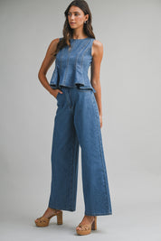 Denim Sleeveless Peplum Top And Wide Jeans Set
