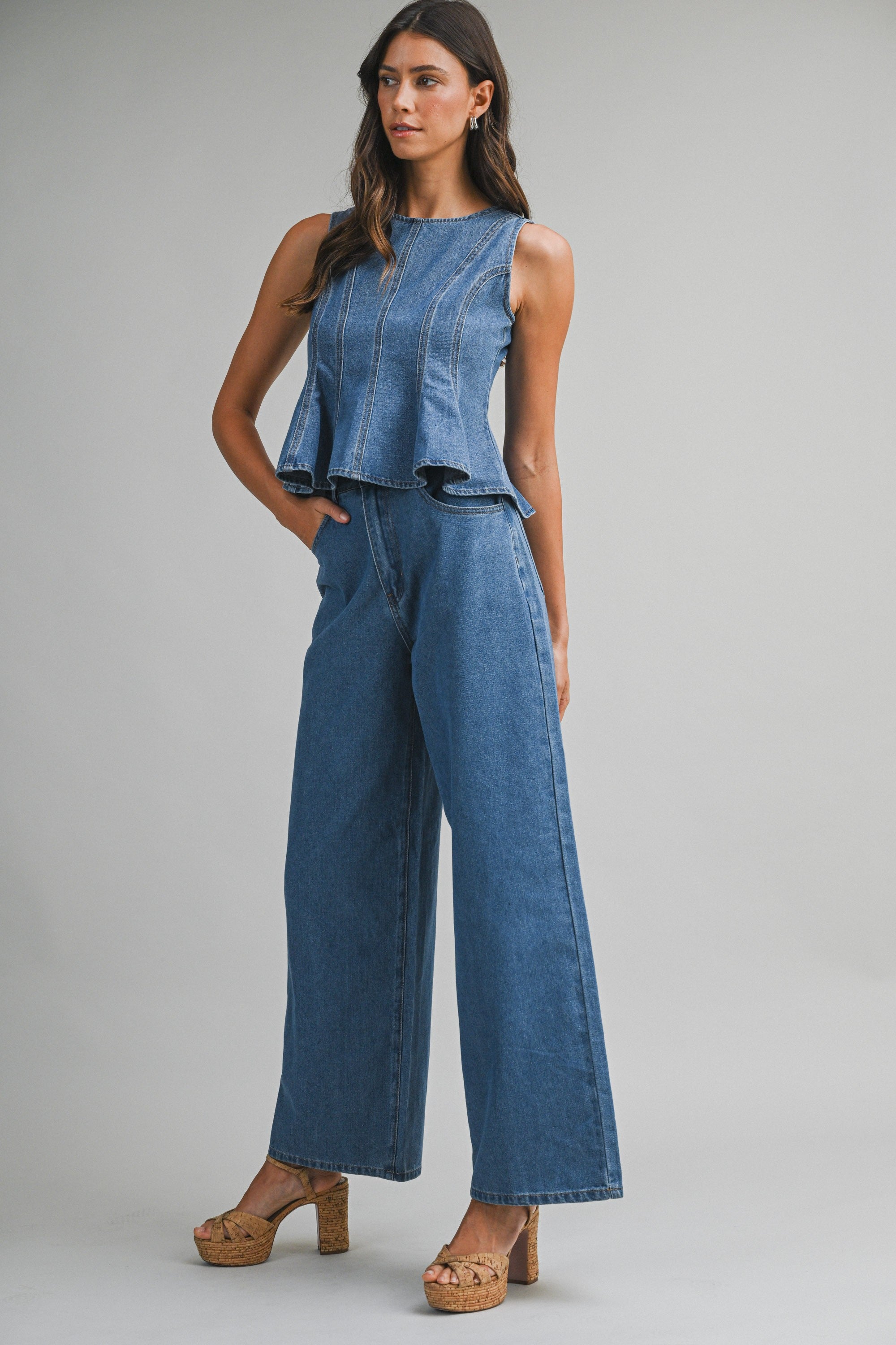 Denim Sleeveless Peplum Top And Wide Jeans Set
