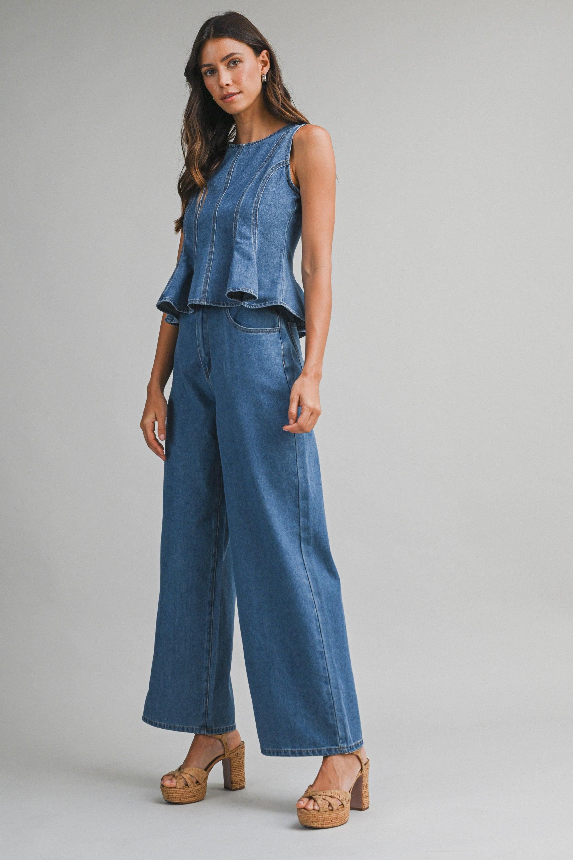 Denim Sleeveless Peplum Top And Wide Jeans Set