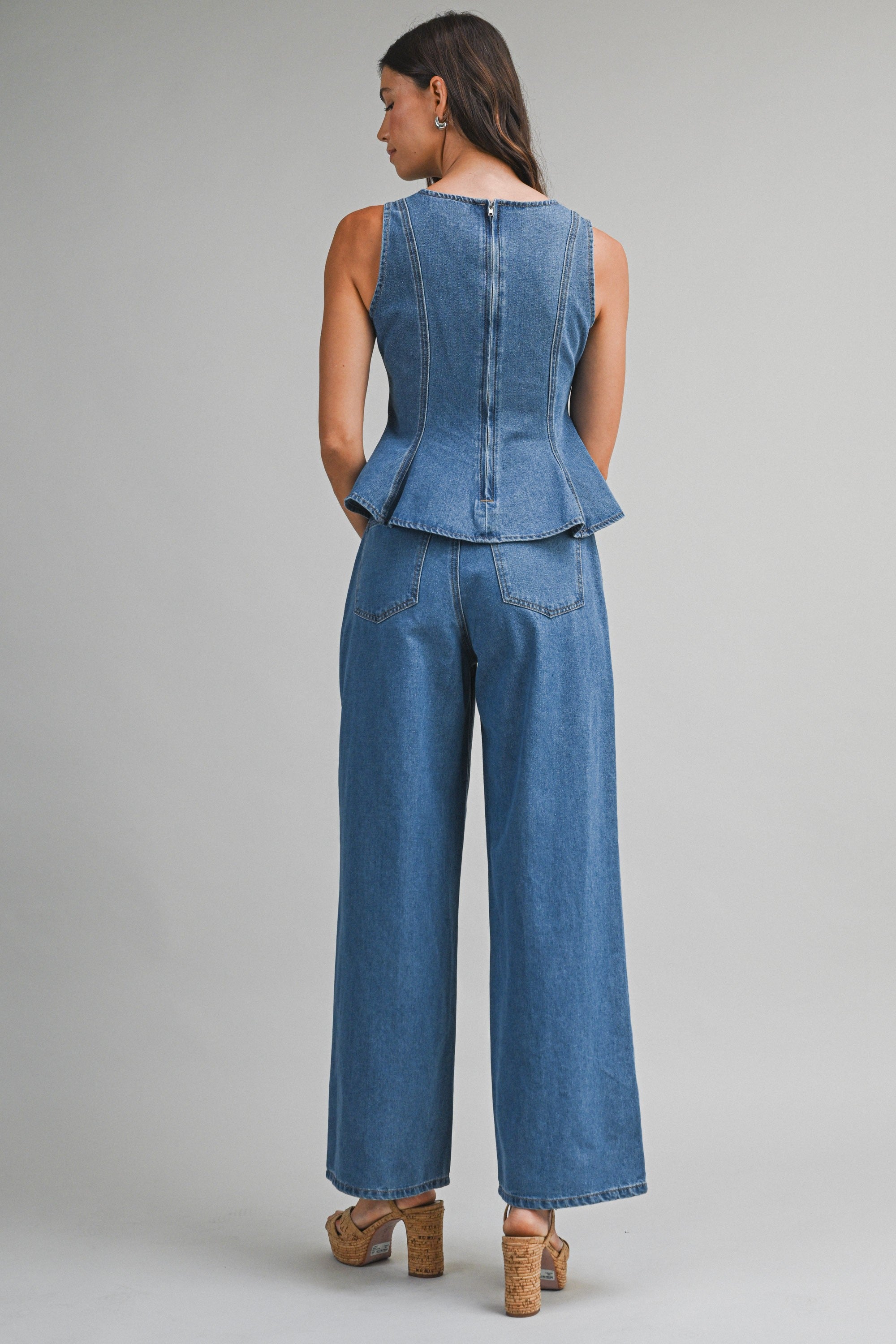 Denim Sleeveless Peplum Top And Wide Jeans Set