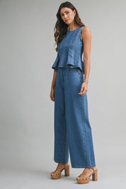 Denim Sleeveless Peplum Top And Wide Jeans Set