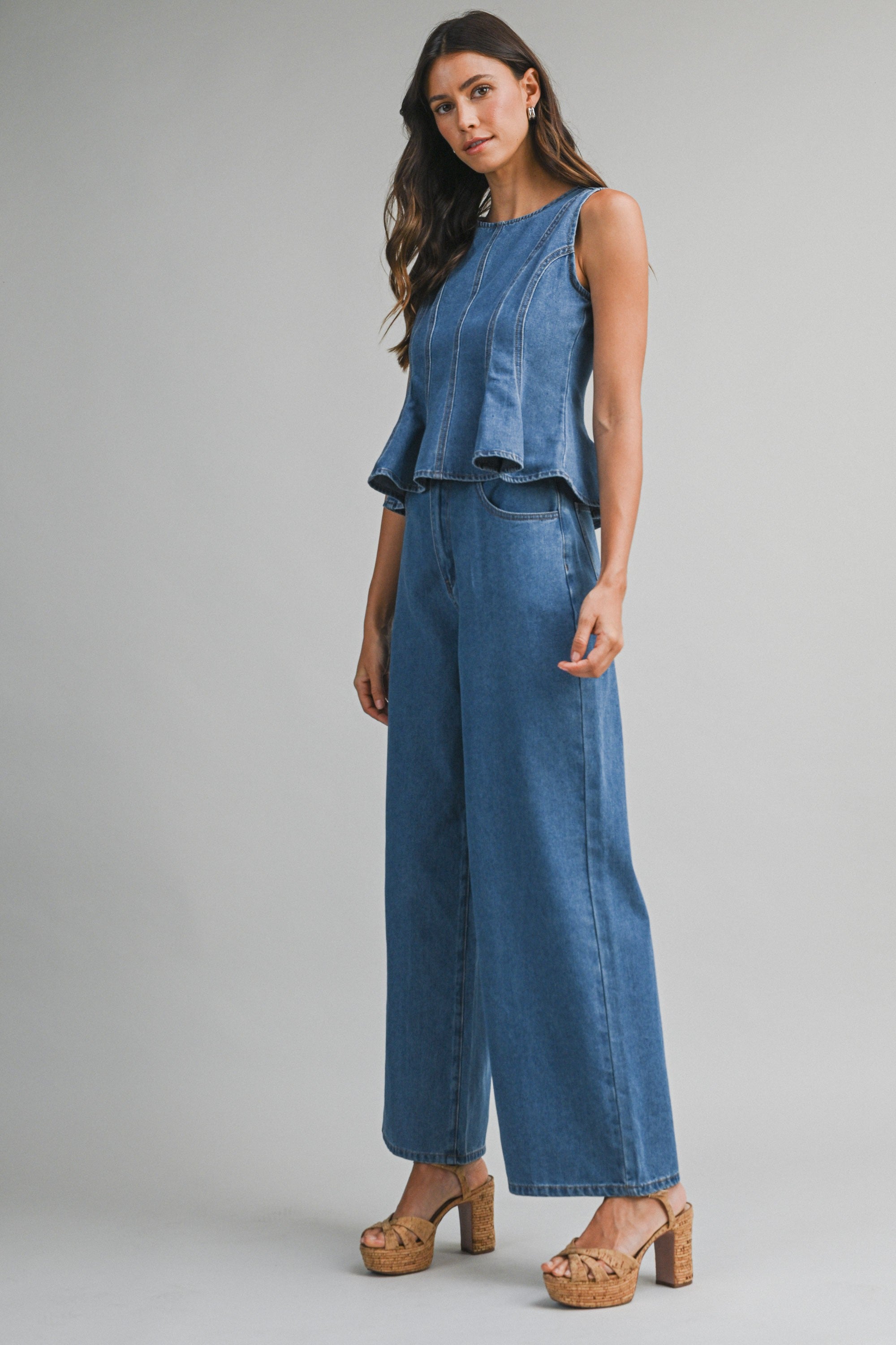 Denim Sleeveless Peplum Top And Wide Jeans Set