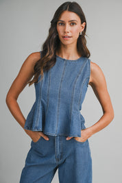 Denim Sleeveless Peplum Top And Wide Jeans Set