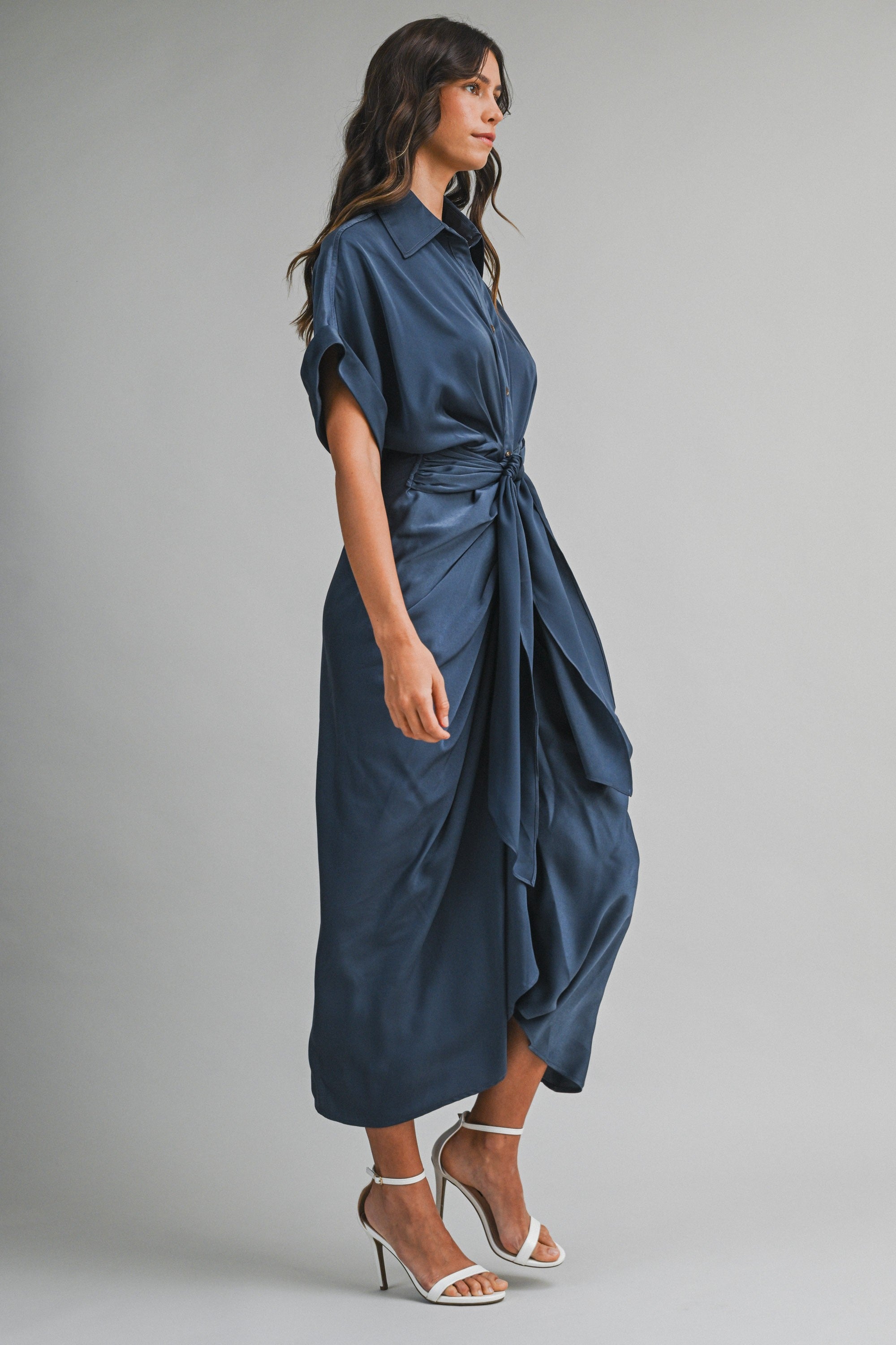 Midnight Blue Satin Short Sleeve Front Tie Button Down Dress