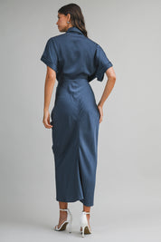 Midnight Blue Satin Short Sleeve Front Tie Button Down Dress