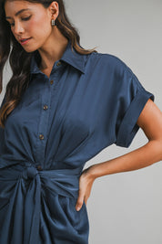 Midnight Blue Satin Short Sleeve Front Tie Button Down Dress