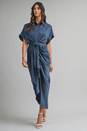 Midnight Blue Satin Short Sleeve Front Tie Button Down Dress