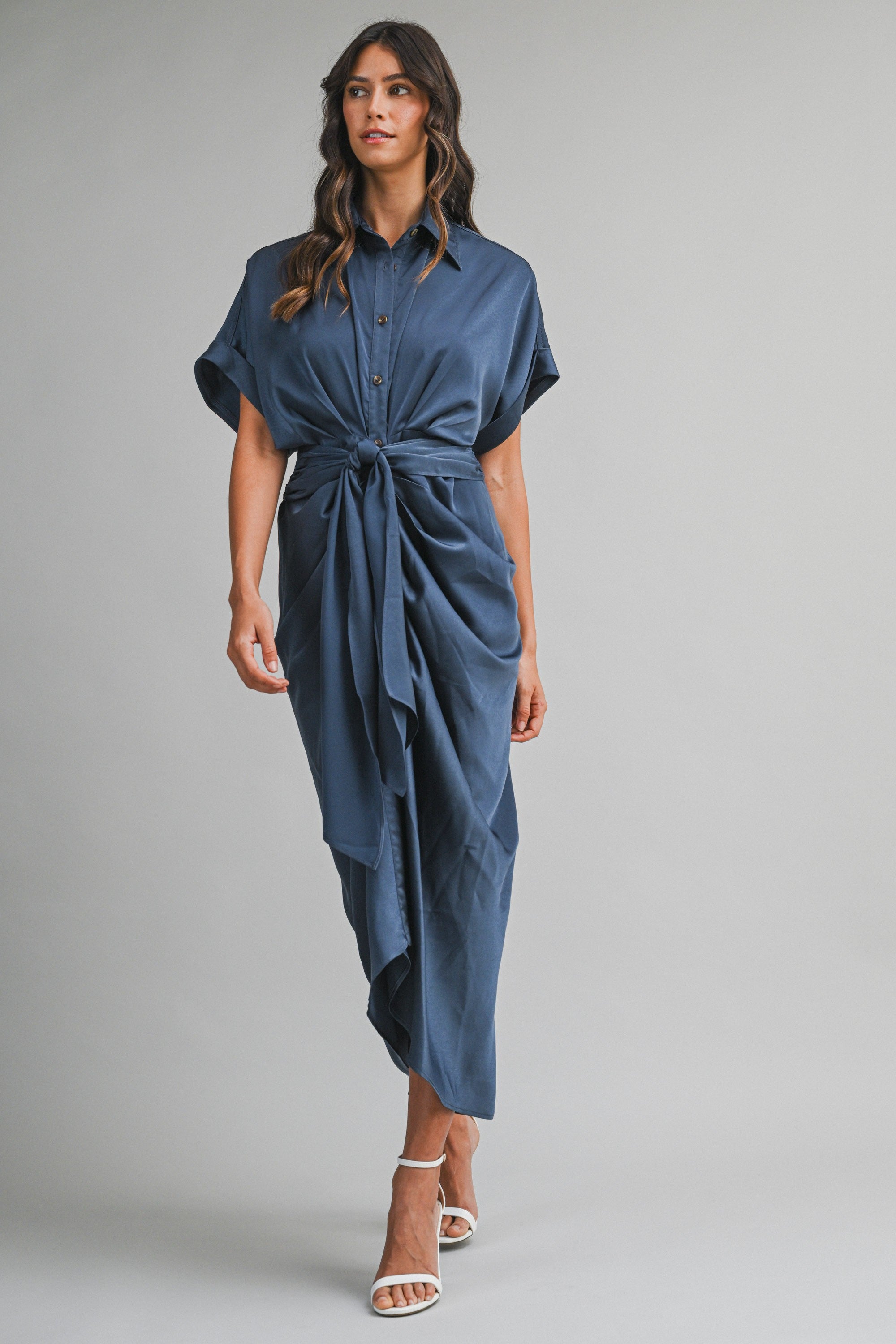 Midnight Blue Satin Short Sleeve Front Tie Button Down Dress