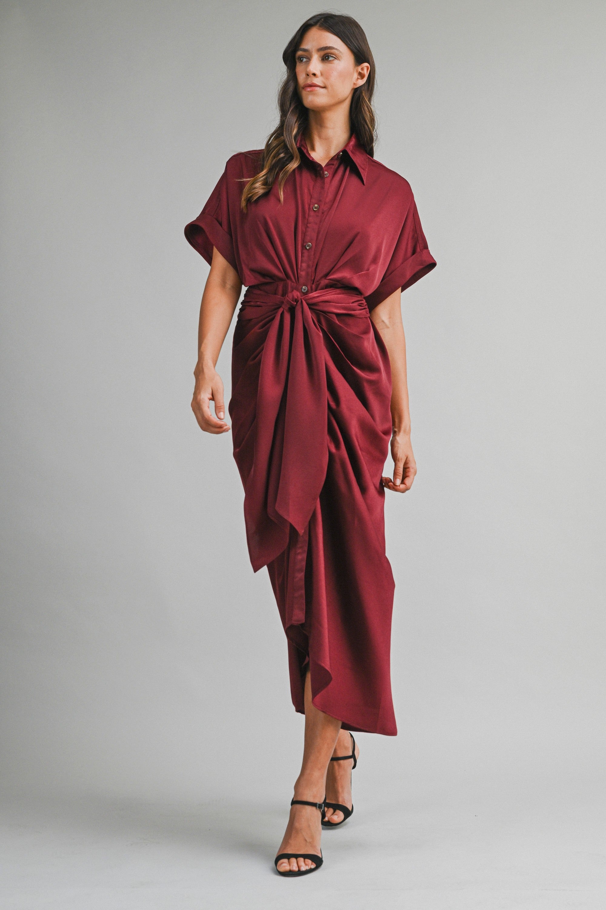 Wine Satin Short Sleeve Front Tie Button Down Dress