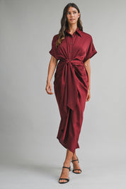 Wine Satin Short Sleeve Front Tie Button Down Dress