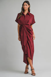 Wine Satin Short Sleeve Front Tie Button Down Dress