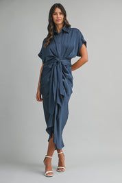Midnight Blue Satin Short Sleeve Front Tie Button Down Dress