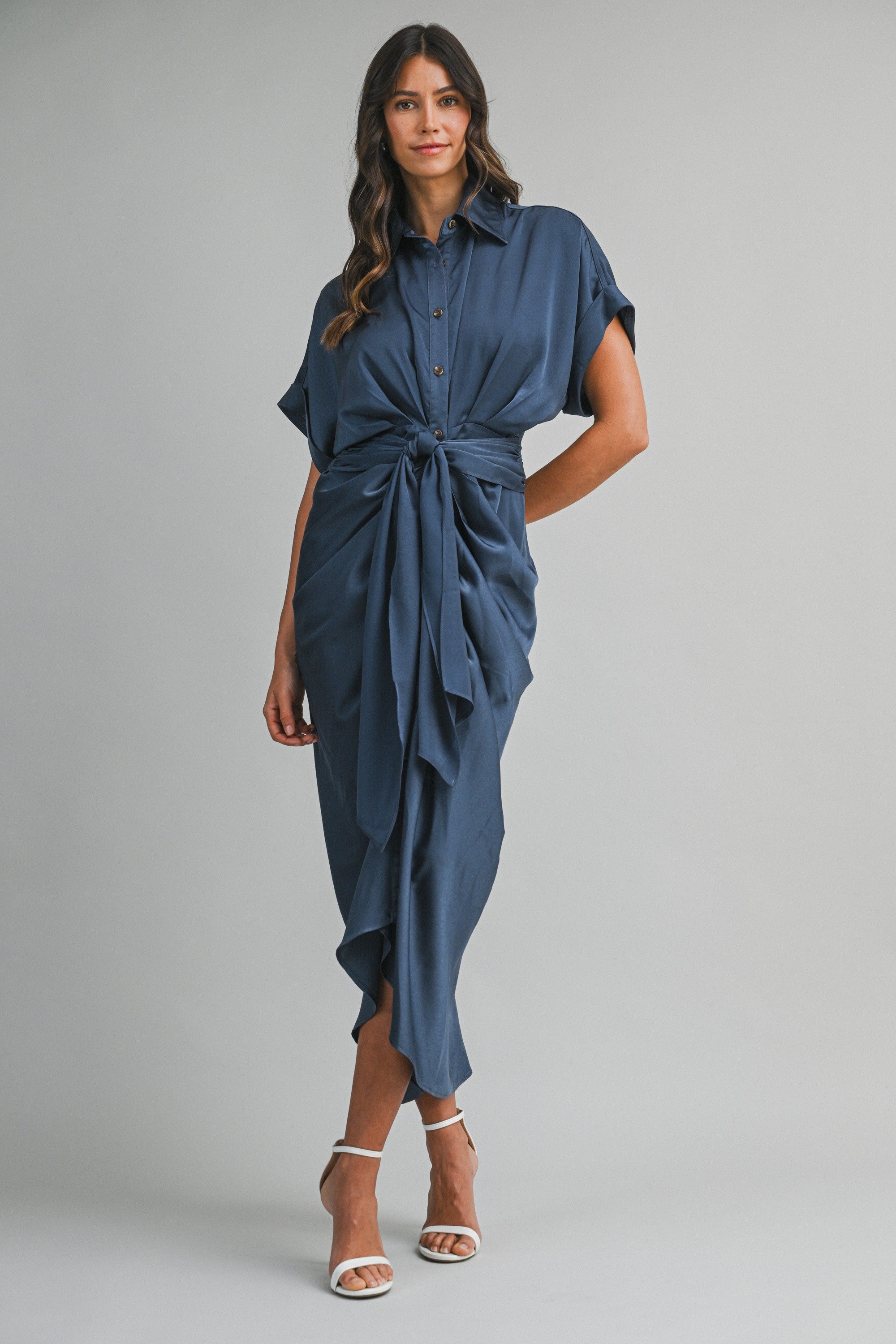Midnight Blue Satin Short Sleeve Front Tie Button Down Dress