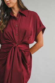Wine Satin Short Sleeve Front Tie Button Down Dress