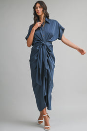 Midnight Blue Satin Short Sleeve Front Tie Button Down Dress