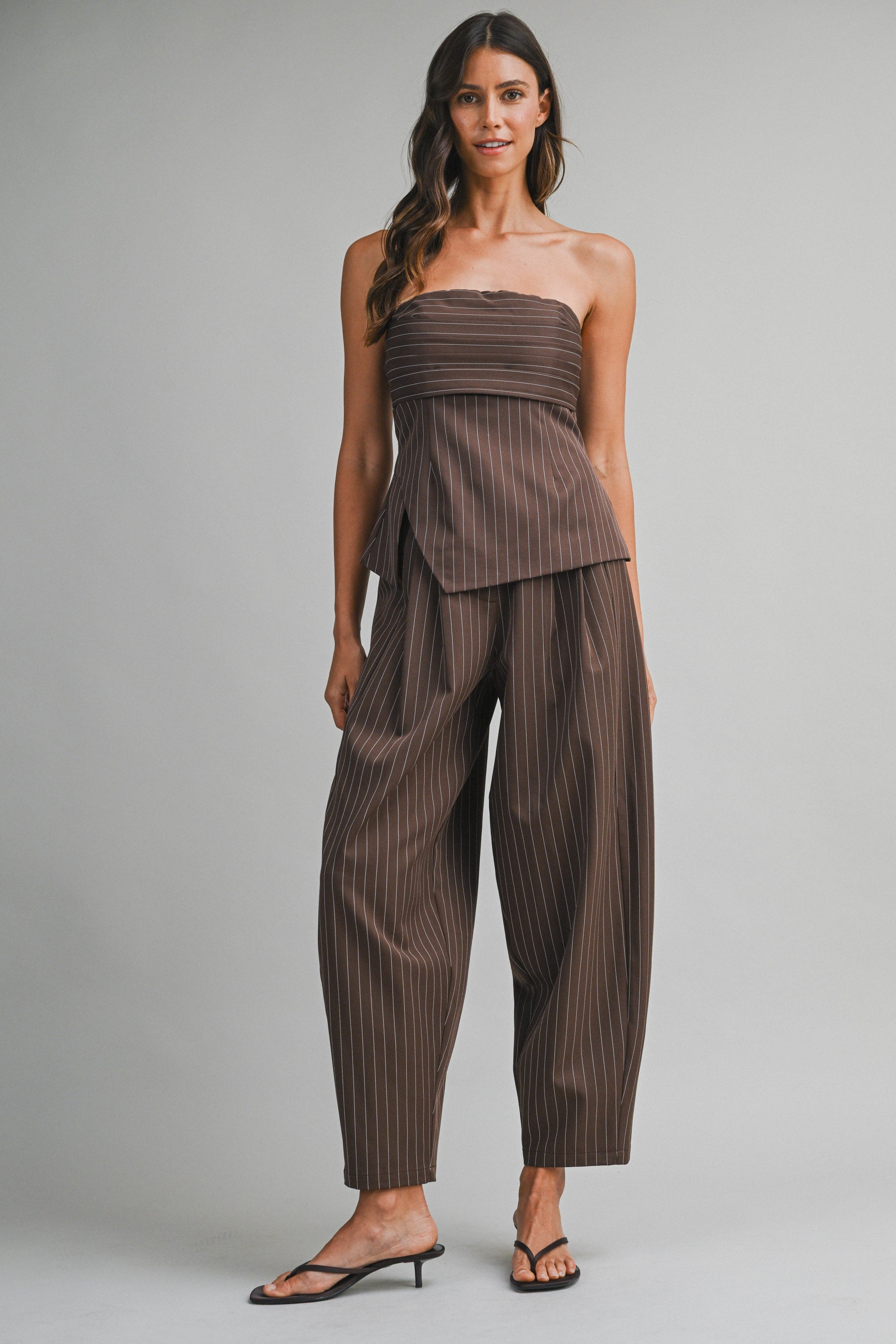 Pinstriped Strapless Tube Top And Trousers Set