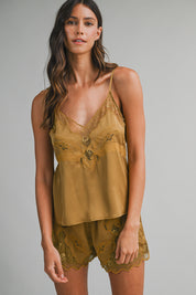 Dijon Satin Lace Trim Cami Top And Shorts Set