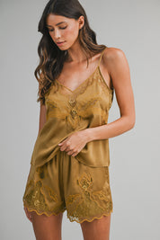 Dijon Satin Lace Trim Cami Top And Shorts Set