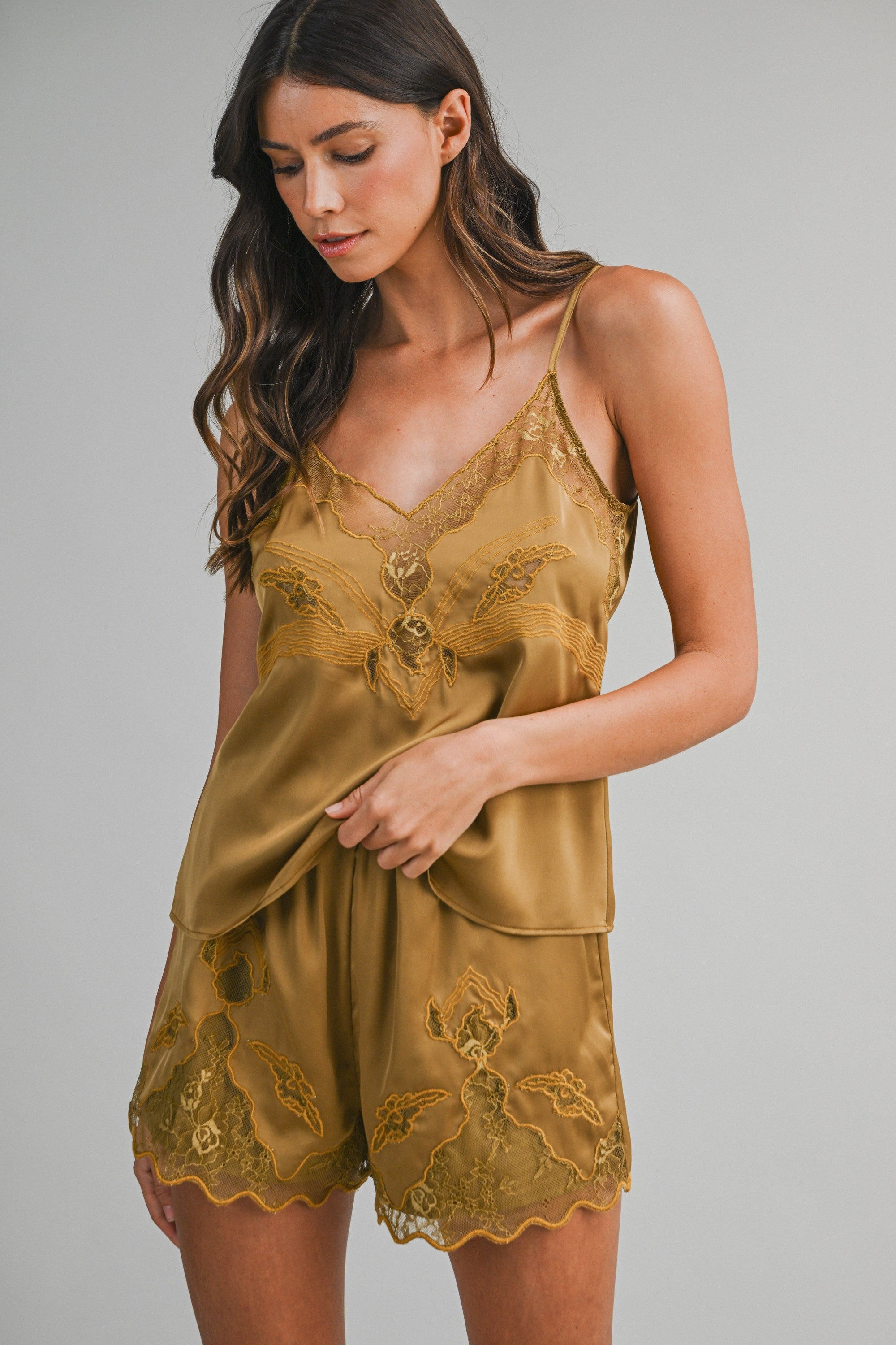 Dijon Satin Lace Trim Cami Top And Shorts Set