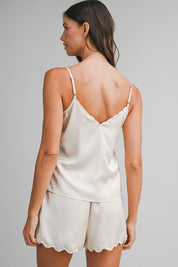Champagne Satin Lace Trim Cami Top And Shorts Set