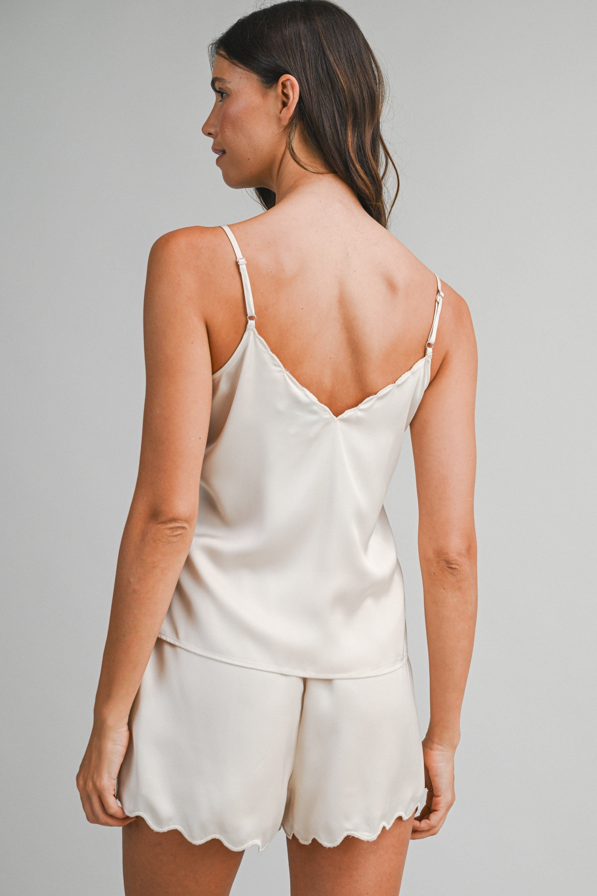 Champagne Satin Lace Trim Cami Top And Shorts Set