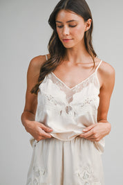 Champagne Satin Lace Trim Cami Top And Shorts Set