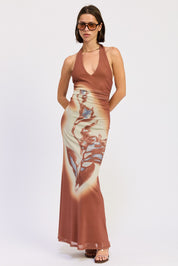 Printed Maxi Halter Dress With Neck Tie