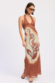 Printed Maxi Halter Dress With Neck Tie