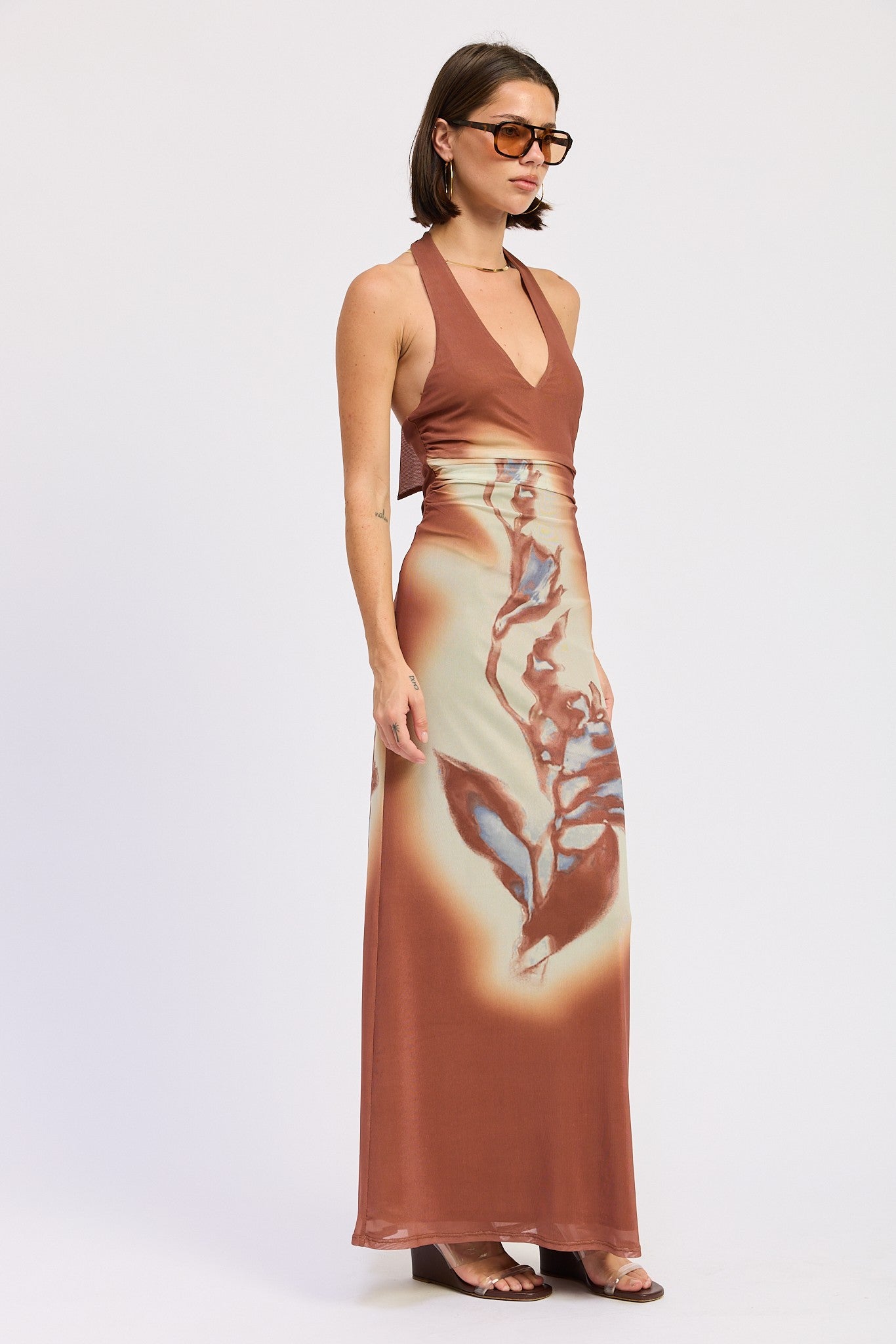 Printed Maxi Halter Dress With Neck Tie