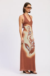 Printed Maxi Halter Dress With Neck Tie