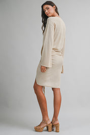 Knit Long Sleeve Deep V Neck Front Tie Mini Dress