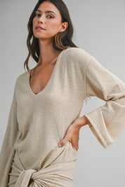 Knit Long Sleeve Deep V Neck Front Tie Mini Dress