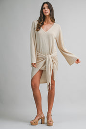 Knit Long Sleeve Deep V Neck Front Tie Mini Dress