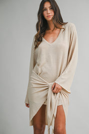 Knit Long Sleeve Deep V Neck Front Tie Mini Dress