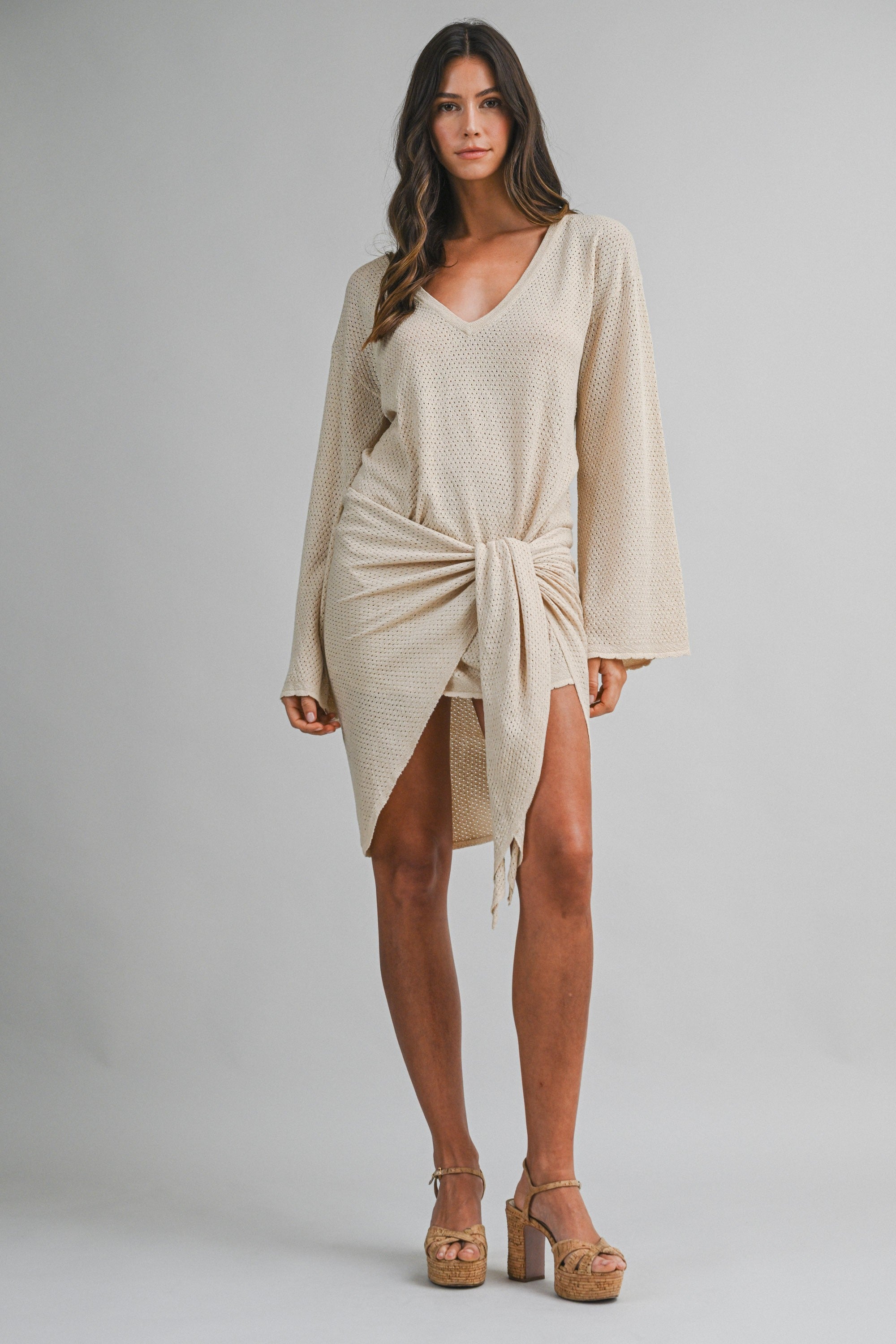 Knit Long Sleeve Deep V Neck Front Tie Mini Dress