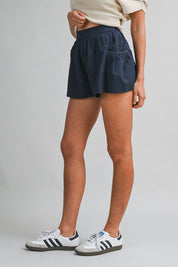 Navy Lightweight Seersucker High-waist Bubble Shorts