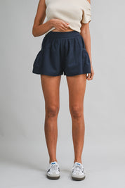 Navy Lightweight Seersucker High-waist Bubble Shorts